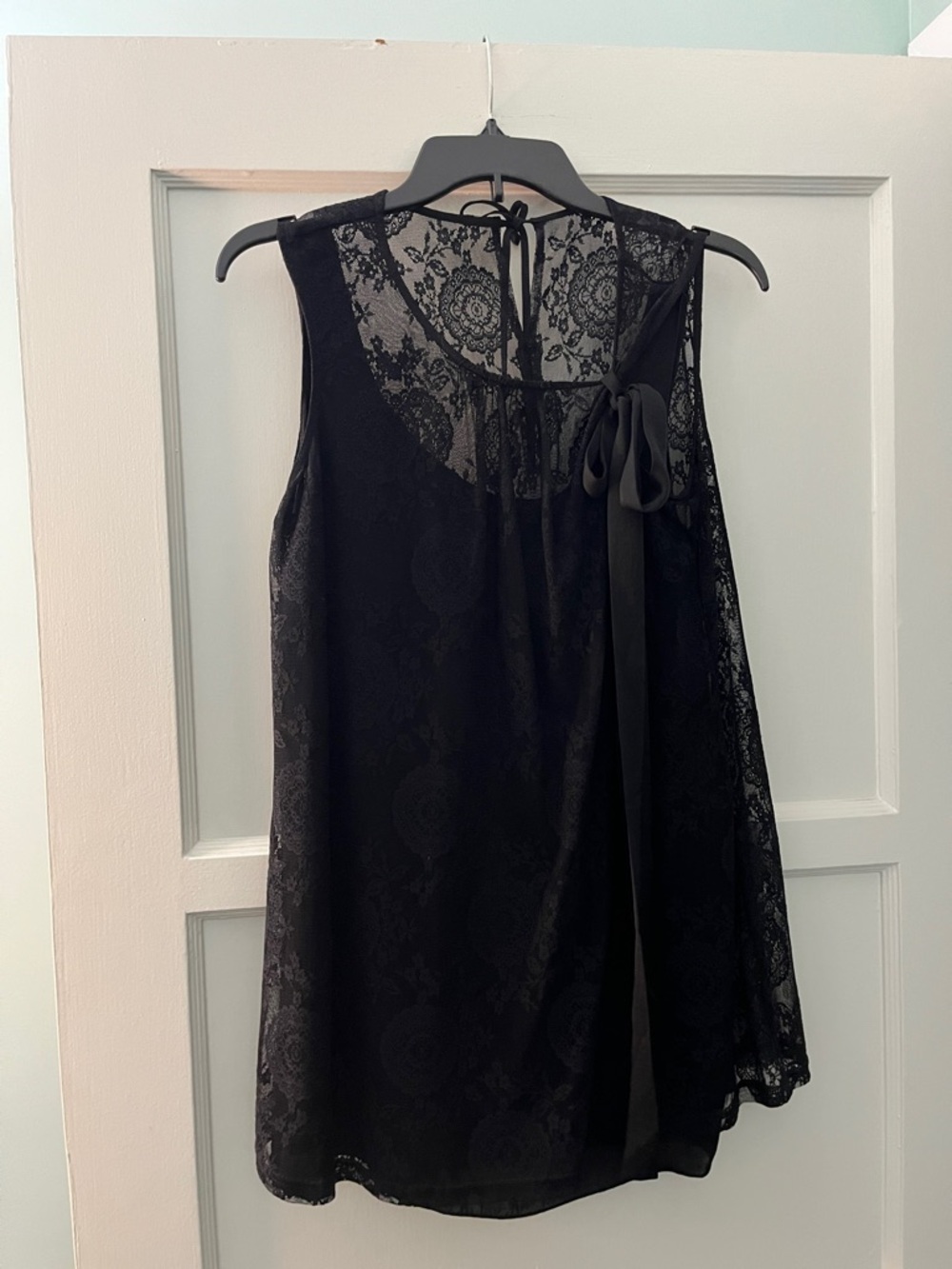 CAbi Black Lace Sleeveless Tie-Neck Shift